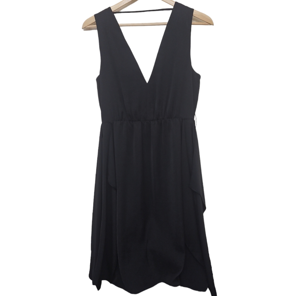 BCBGMaxAzria Black Satin Cahya V Neck Dress
